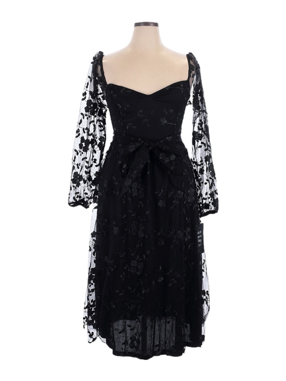 NWT Lulus Black Embroidered Mesh Midi Dress Sweetheart Long Sleeve XL